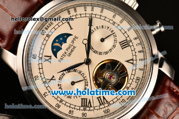 Patek Philippe Grand Complication Asia R10-Tourbillon Automatic Steel Case with White Dial Roman Numeral Markers and Brown Leather Strap - Click Image to Close
